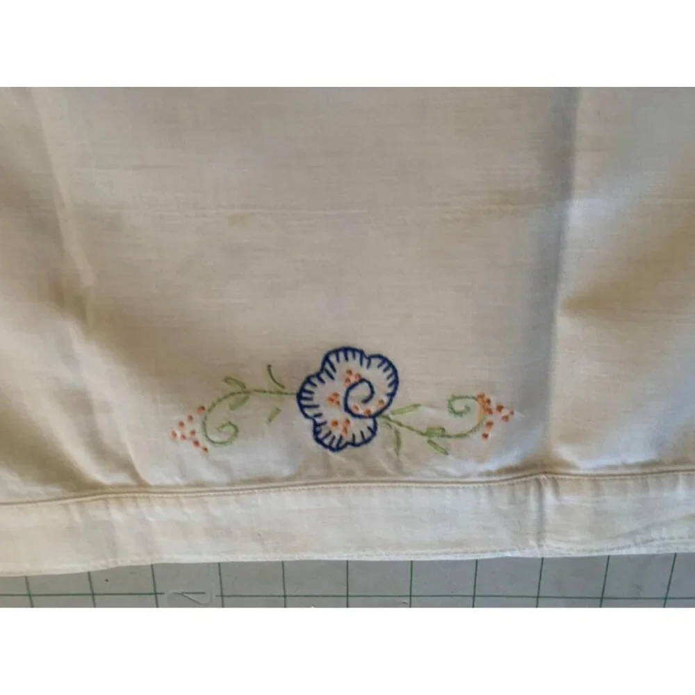 Hand Embroidered Cotton Floral Towel Vintage Cream Blue & Orange Accents
